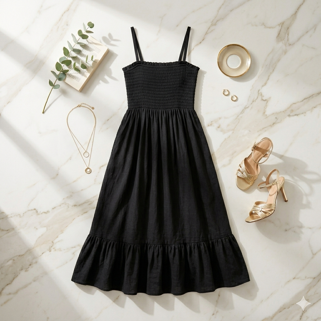 Western Smocked Cotton A-Line Maxi Dress with Straps