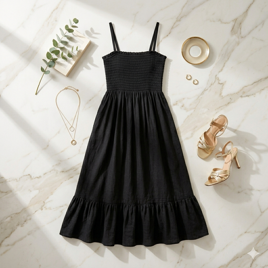 Western Smocked Cotton A-Line Maxi Dress with Straps