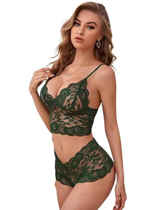 Elegant Floral Lace Lingerie Bralette and Shorty Set